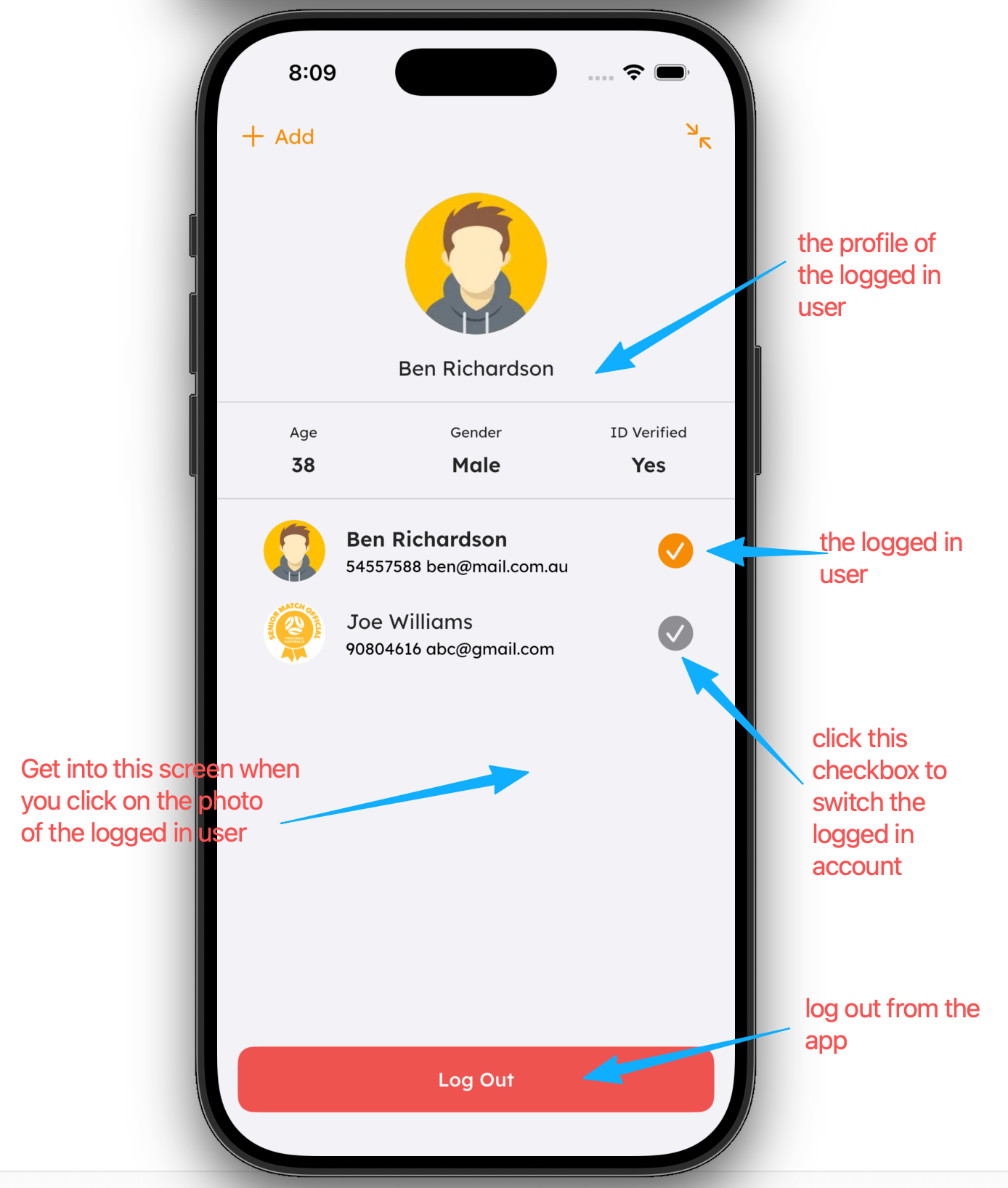 Viewing and switching to a linked account in the mobile app